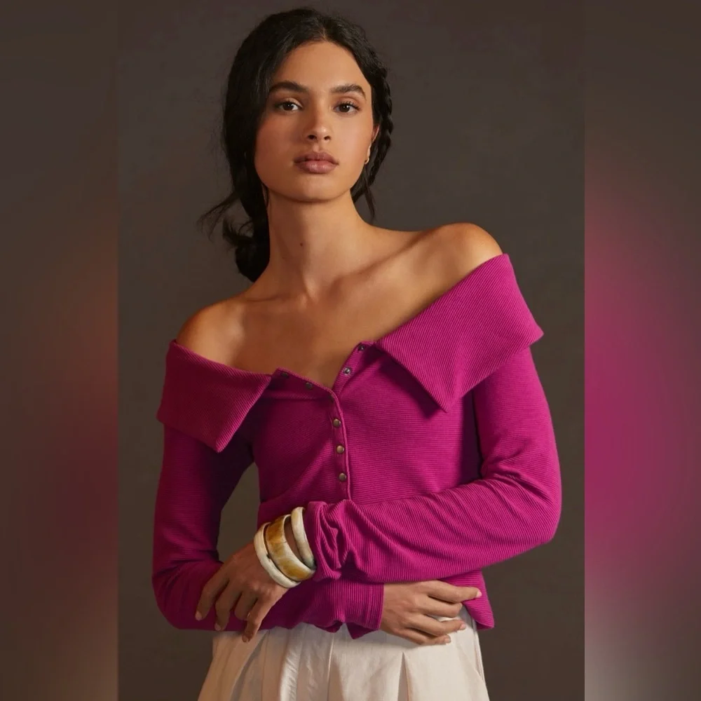 NWT Maeve Anthropologie Ribbed Off Shoulder Snap Button cardigan top w/ collar L - Picture 6 of 10